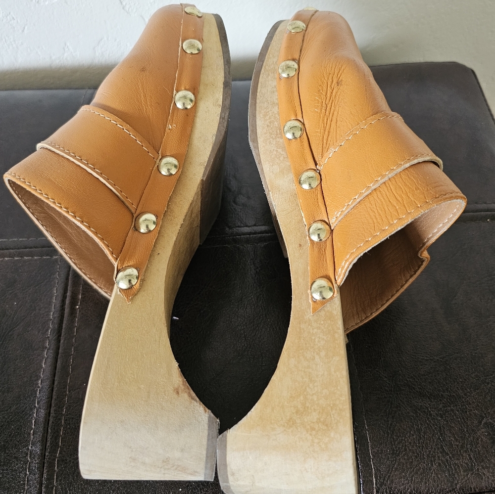 BY FAR Hans Tan Orange Wooden Leather Effortless Boho Chic Clogs Sz EU 36 - Picture 8 of 12